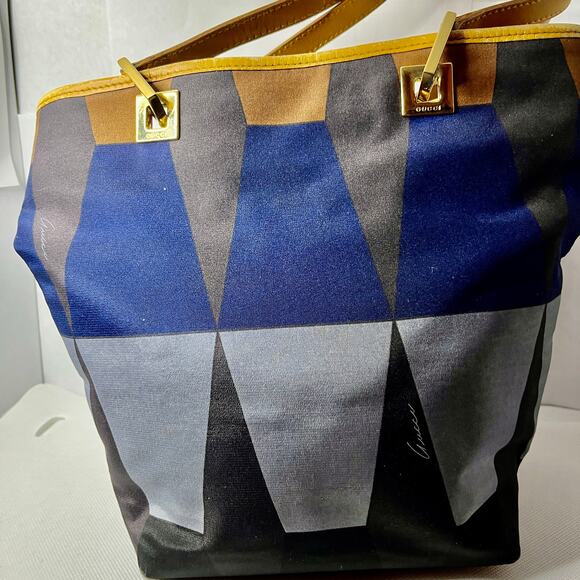 Gucci by Tom Ford Jacquard Blue Tote Silk Scarf Print Gold Tone Hardware - Picture 4 of 9